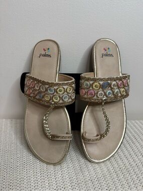 Palms Gold Embellished Multicolor Beaded Toe-Ring Sandals size 9